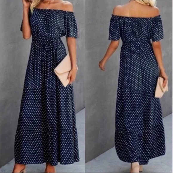 Boho polka dot off shoulder belted maxi dress - Picture 4 of 4